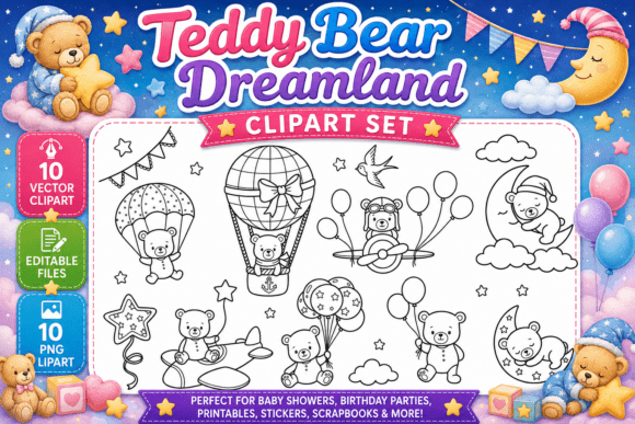 Download Teddy Bear Dreamland Digital Clipart Set - Digital clipart set Collection